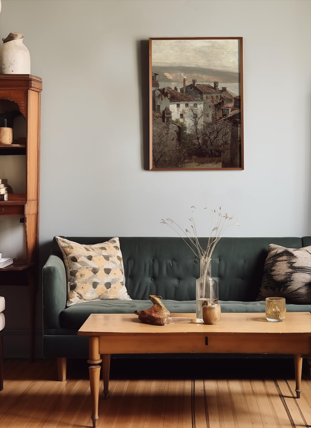 Rustic Farmhouse Wall Art Decor - Unframed Rolled 24x36 - Art Deco Pictures for Bathroom - French Country Kitchen Print Poster - Autumn Fall Lake Town Building - Neutral Aesthetic Vintage CottageCore