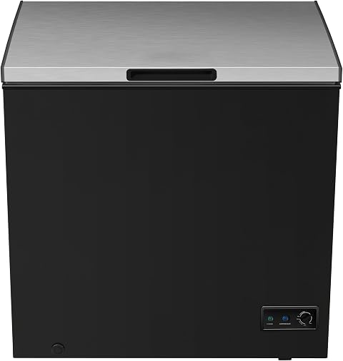 Chest Freezer, Black with Stainless Steel Lid, Temperature Control, Compact Deep Freeze Storage