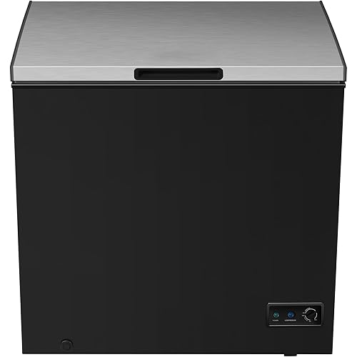Chest Deep Freezer, 7 Cu. Ft, Black Adjustable Thermostat-Removable Vinyl Coated Wire Basket-Easy Defrost Drain, Eye-Catching Stainless Steel Top Door- Garage Ready