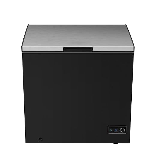 Chest Deep Freezer, 7 Cu. Ft, Black Adjustable Thermostat-Removable Vinyl Coated Wire Basket-Easy Defrost Drain, Eye-Catching Stainless Steel Top Door- Garage Ready