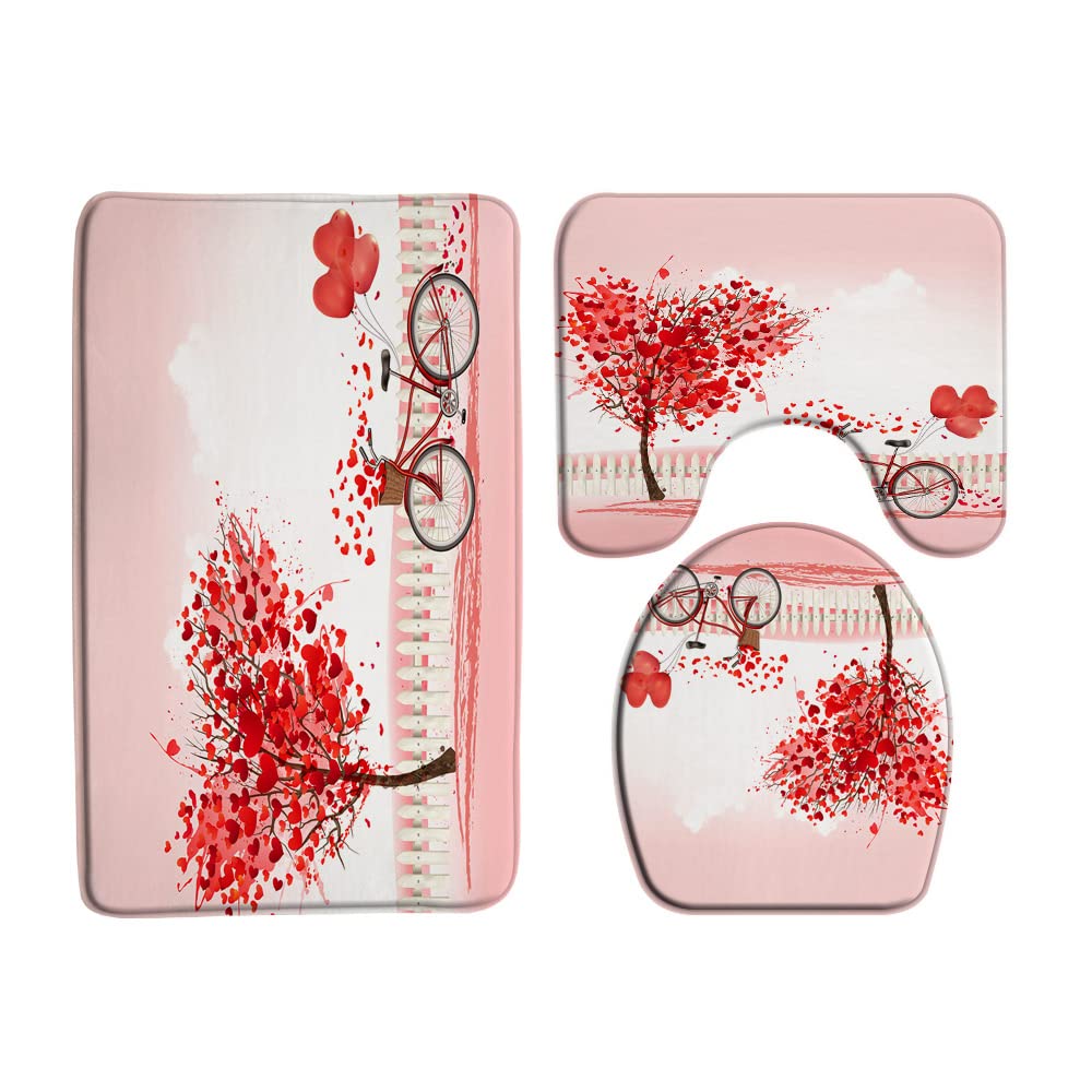 VPUPCN Valentine's Day 3 Pcs Bath Rugs Set,Red Pink Heart Tree Balloon Bike Romantic Love Sweet Lover Couple Creative Bathroom Kitchen Rug with 16