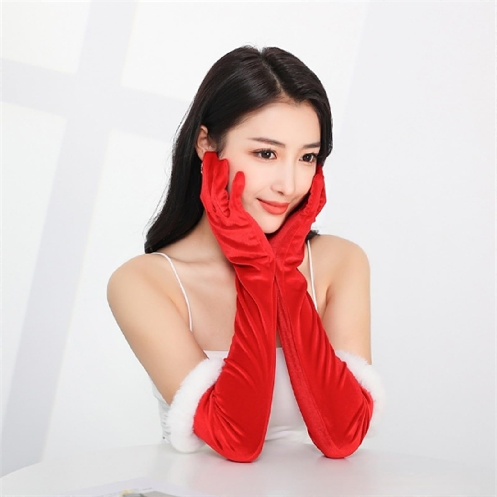 Golden Apple Christmas Women Long Gloves, Red Velvet Mittens with White Furry Fuzzy Trim for Evening Party Cosplay Wear - Image 3