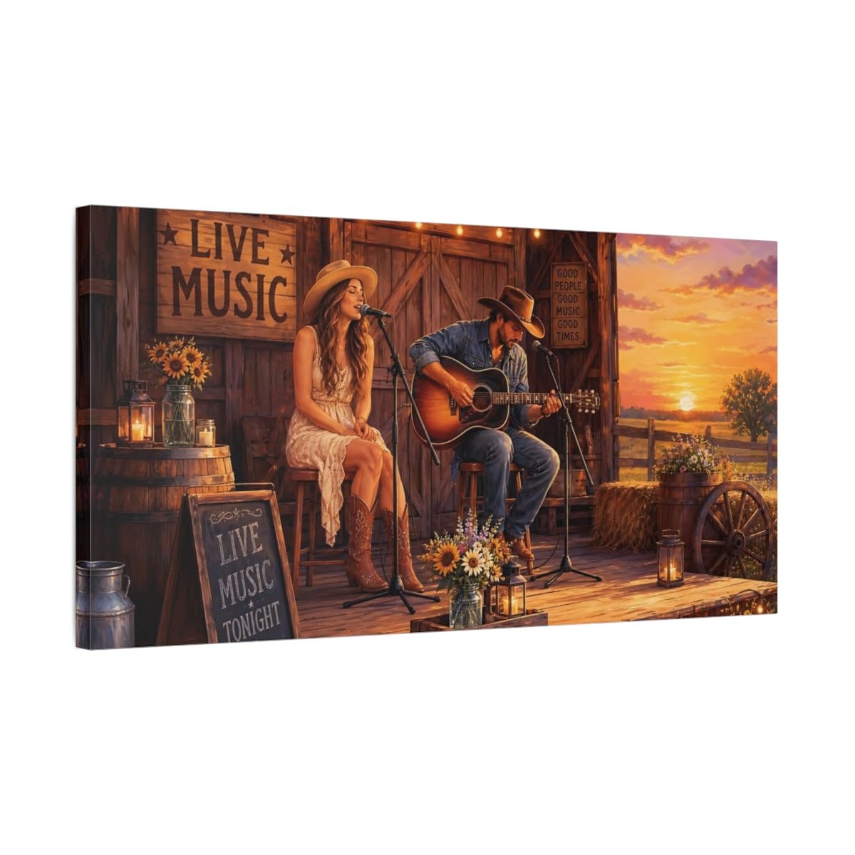 Vintage Live Music Country Sunset Canvas Print – Living Room, Above Console Table, Warm Tones 30×15 inch (75×37 cm) - Horizontal / 1.25 inch (3 cm)