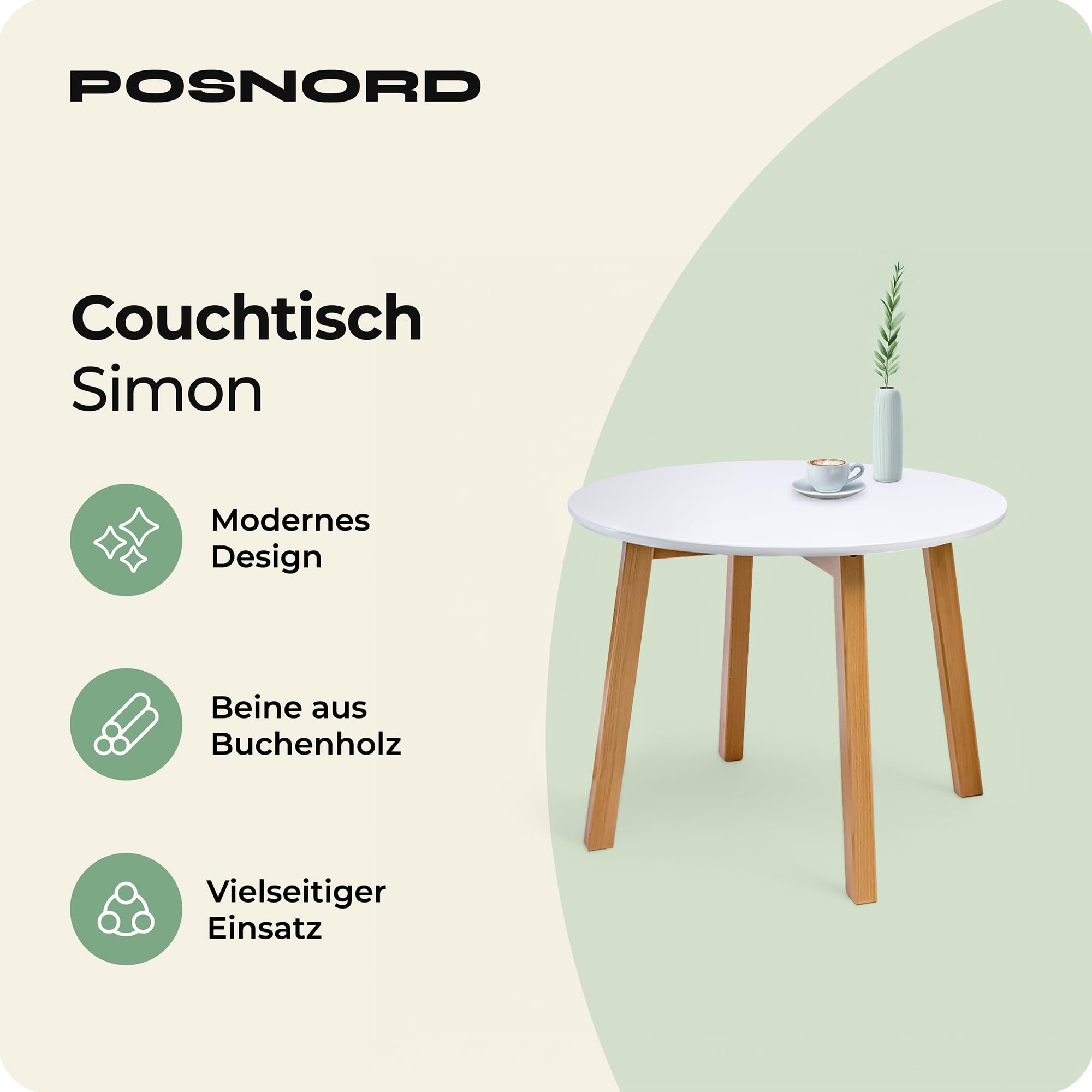 Couchtisch Rund Ø 60 cm Höhe 47.5 cm | Beistelltisch Couch Holz mit Buchenholzbeinen | Wohnzimmertisch Skandinavisch/Sofatisch | Couchtisch Weiß