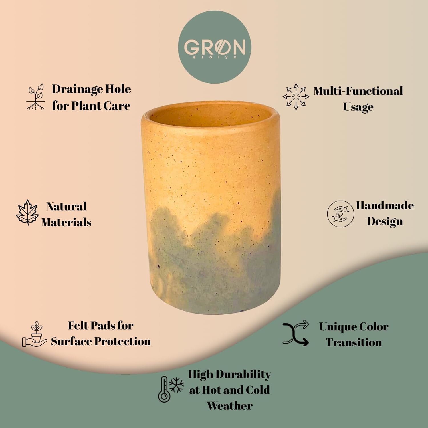 Gron Atolye Unique Concrete Flower Pot, Modern Handmade Cylindrical Cement Planter with Drainage Hole, Indoor & Outdoor, Natural Artistic Touch to Home, Office and Garden (Salmon, Small)