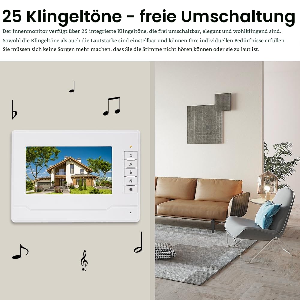 7-Zoll Video Türsprechanlage 2-Familienhaus, 4-Draht Gegensprechanlage, 1 Außenkamera und 2x 7 Zoll Monitor, Türsprechanlage mit Kamera, Zwei-Wege-Audio, Nachtsicht, 25 Klingeltöne
