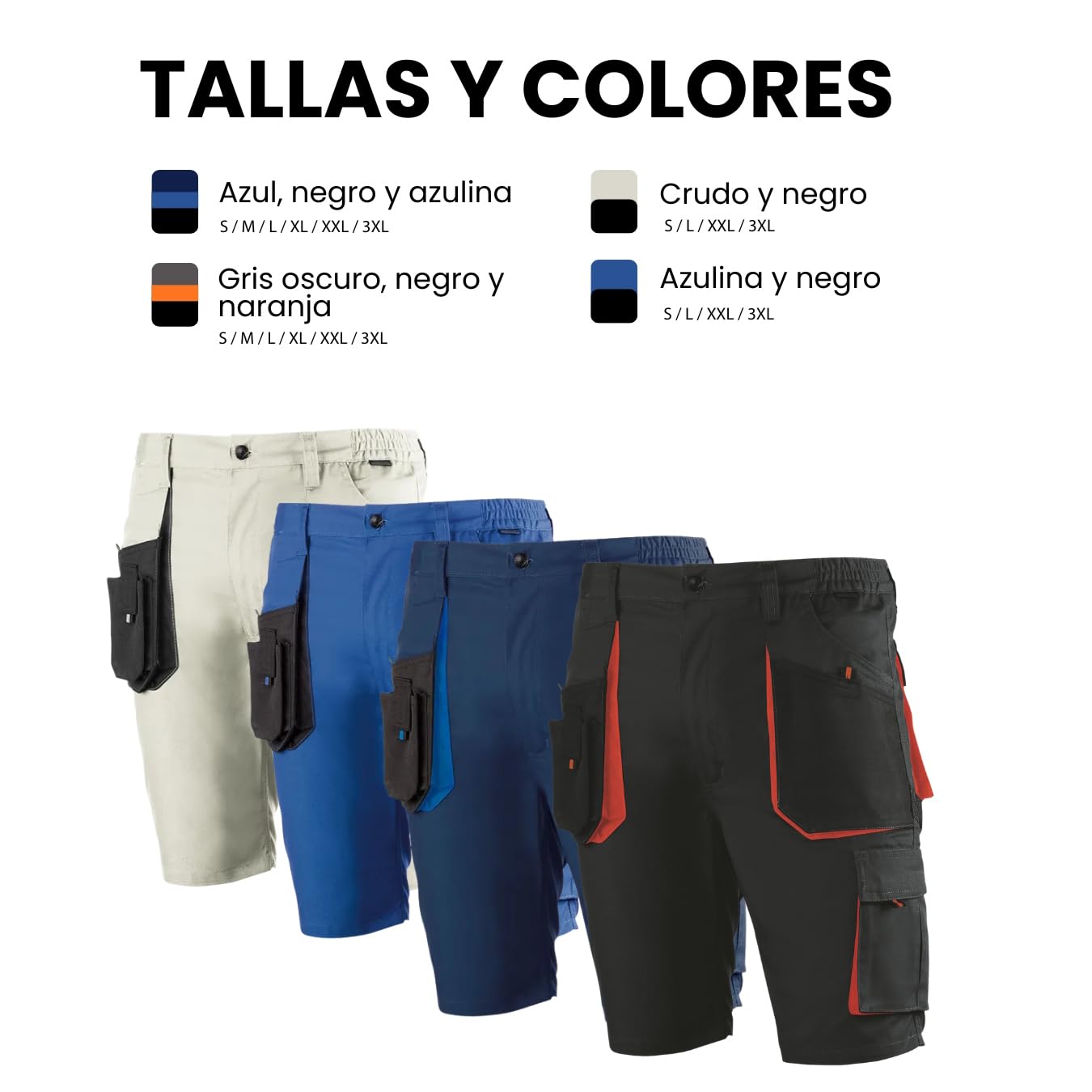 Juba Pantalón Corto Multibolsillos 65% poliéster/35% algodón, Negro con Detalles Naranjas