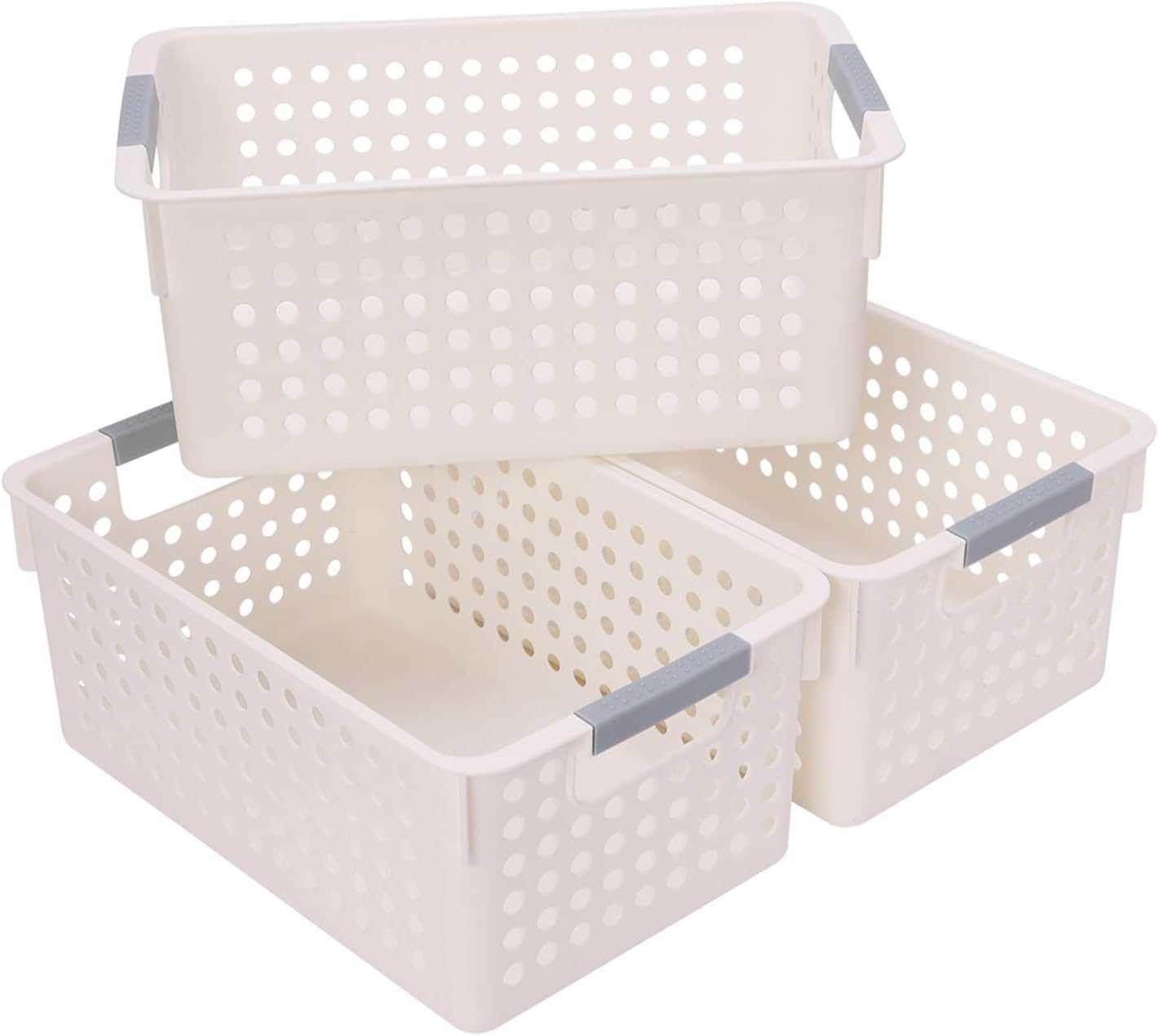 JAKAGO Medium Plastic Storage Baskets Kitchen Cupboards Organiser Storage Baskets for Shelves -Set of 3(White, M)