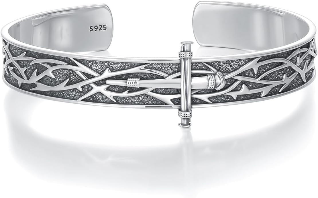 Nail Cross Bangle 925 Sterling Silver 10MM Adjustable Crown of Thorn Nails Cross Cuff Bangle Bracelet Christian Jewelry for Men