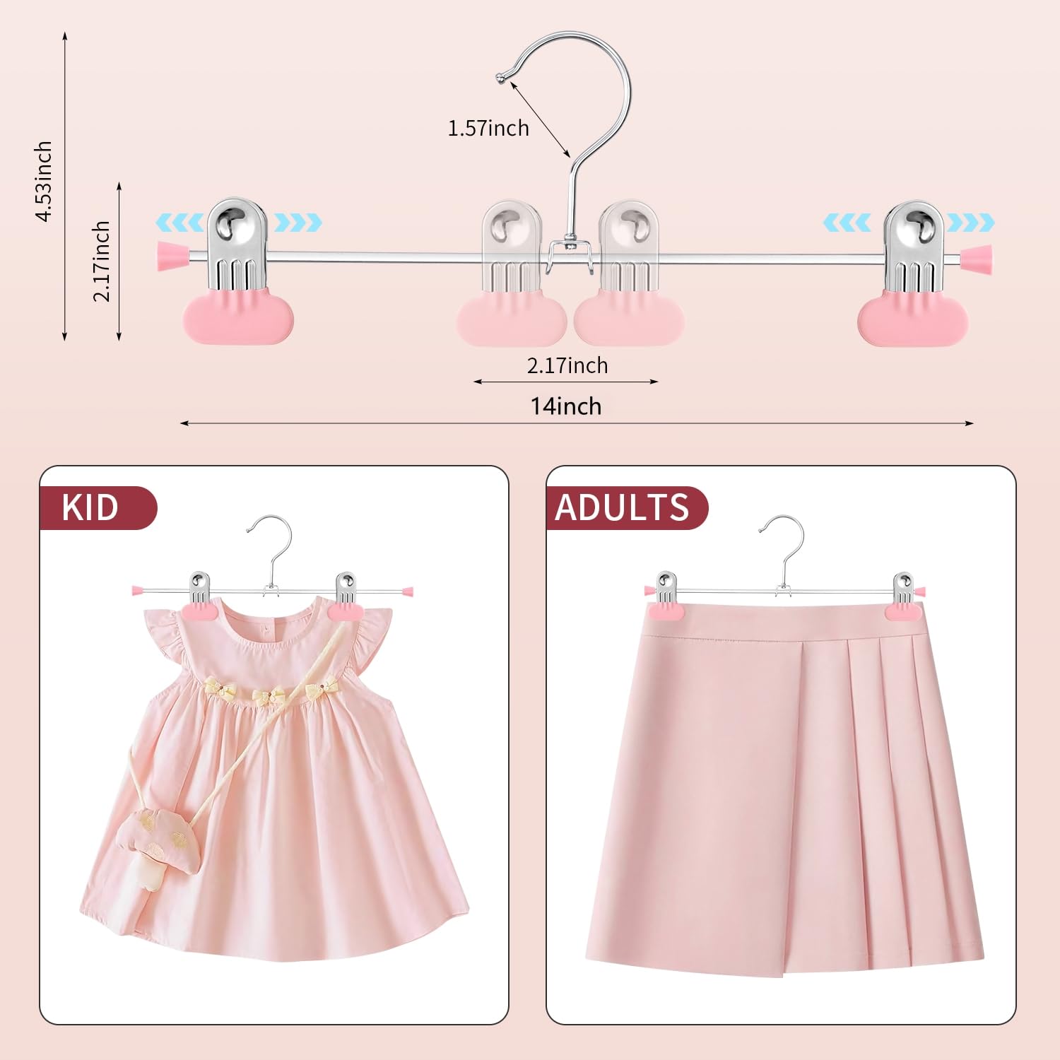Hosenbügel mit breiten Clips, 35,6 cm, verstellbare Rockbügel für Damen, rutschfest, robust, platzsparend, Hosenbügel für Jeans, Shorts, Rosa, 50 Stück