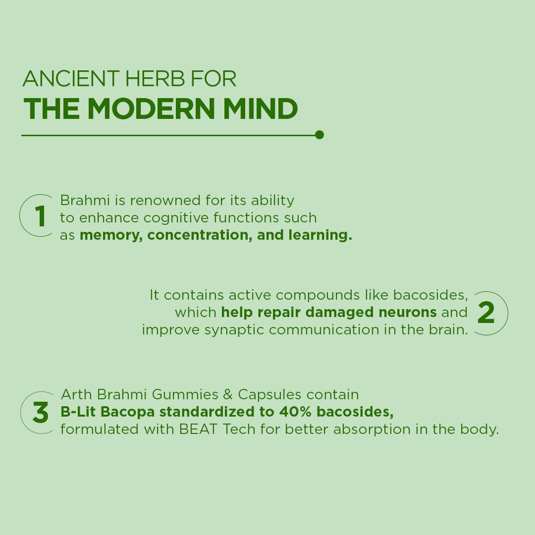 Arth Brahmi Capsules for Memory, Focus, Concentration & Brain Fog Support - 60 Capsules for Men & Women | Bacopa Monnieri Supplement | Enhanced Absorption for Mental Clarity, Alertness & Positive Mood 4