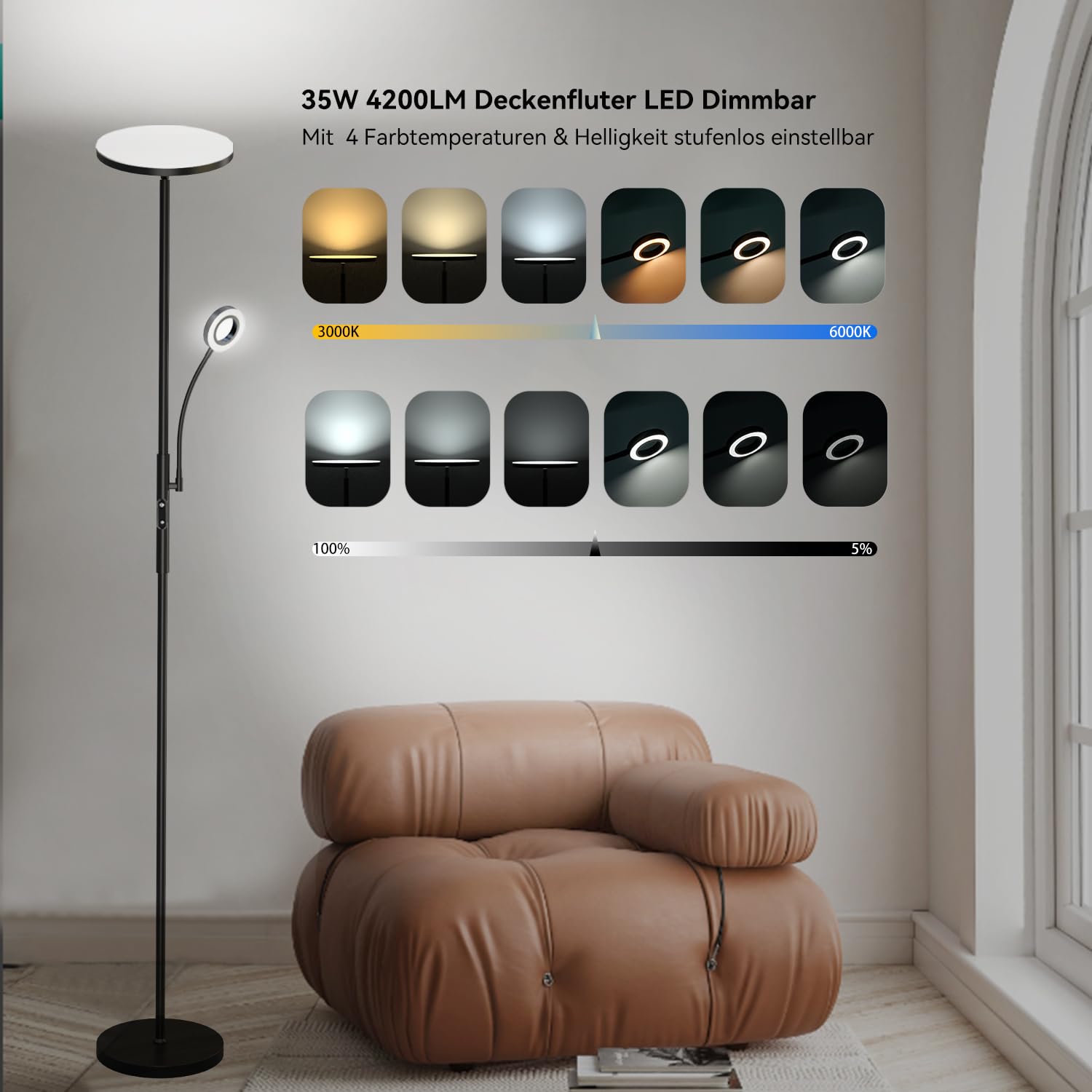 Modlicht Stehlampe Dimmbar 4200LM, 3000-6000K Stehlampe Wohnzimmer, Deckenfluter LED Dimmbare mit Fernbedienung & Touch-Steuerung, Stehleuchte Leselampe für Schlafzimmer Büro Höhle, Schwarz