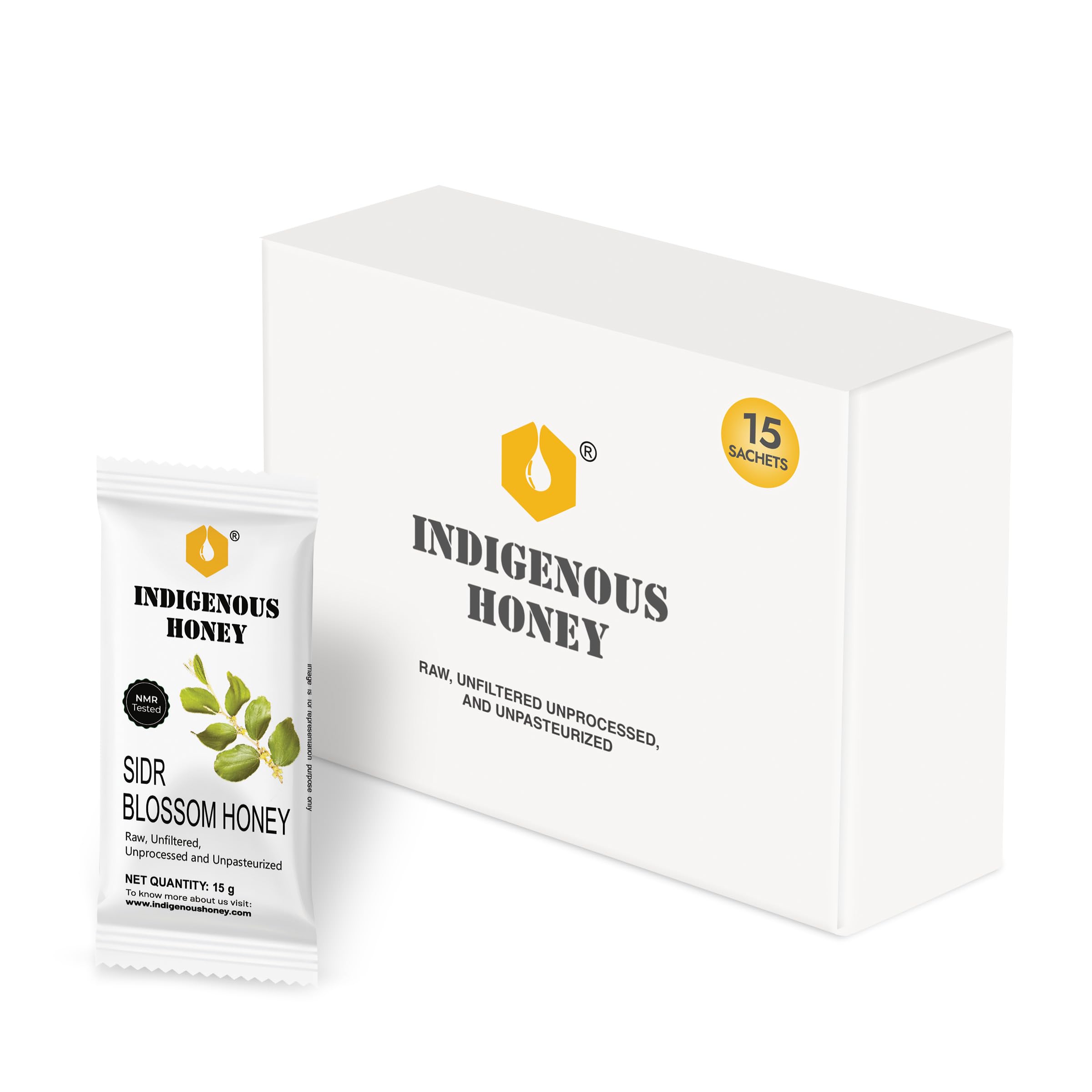 INDIGENOUS HONEY Raw Sidr Honey Pure Organic Natural Unprocessed Added Sugar Free NMR Tested Unpasteurized Unheated 15 Hygienic Sachets 15g Each Total 225g