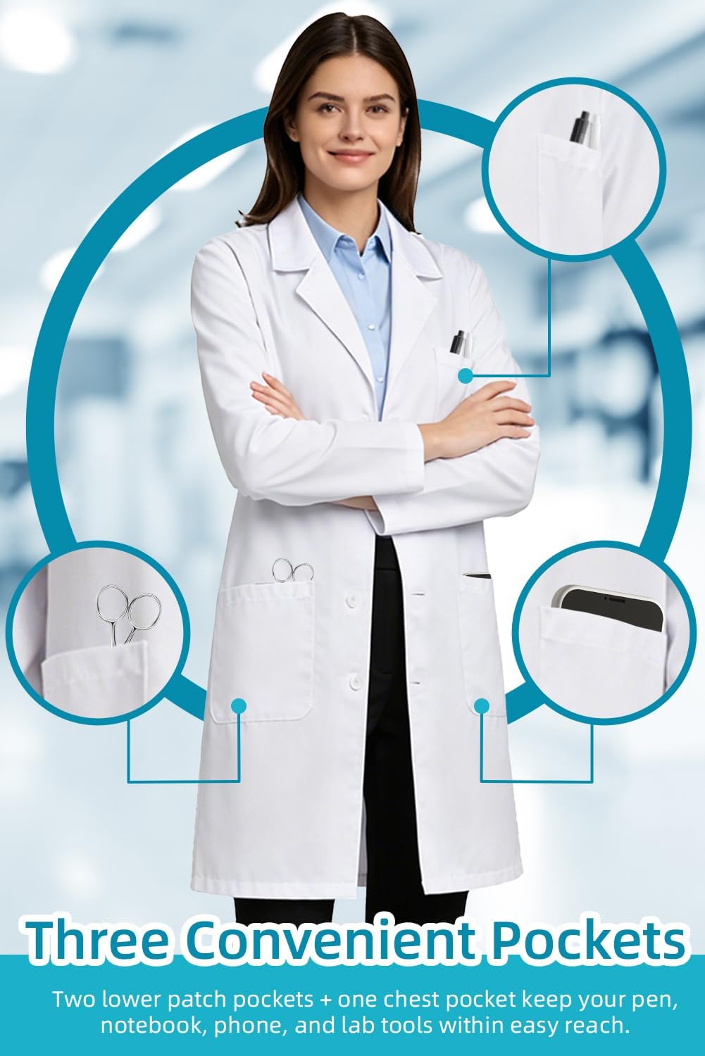 White Lab Coat for Men Women 3 Pockets Medical Coat