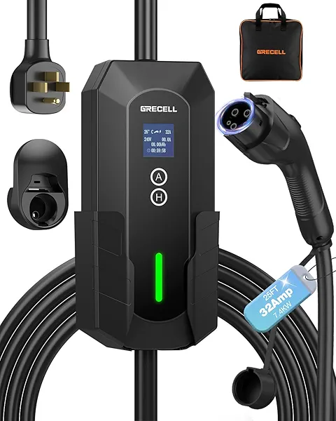 GRECELL Level 2 EV Charger, 32A/7.4KW Electric Vehicle Portable Charger with 25FT Cable, ETL Certified Level 2 Car Charger for All SAE J1772, 240V NEMA 14-50 Adjustable Current for Home & Travel