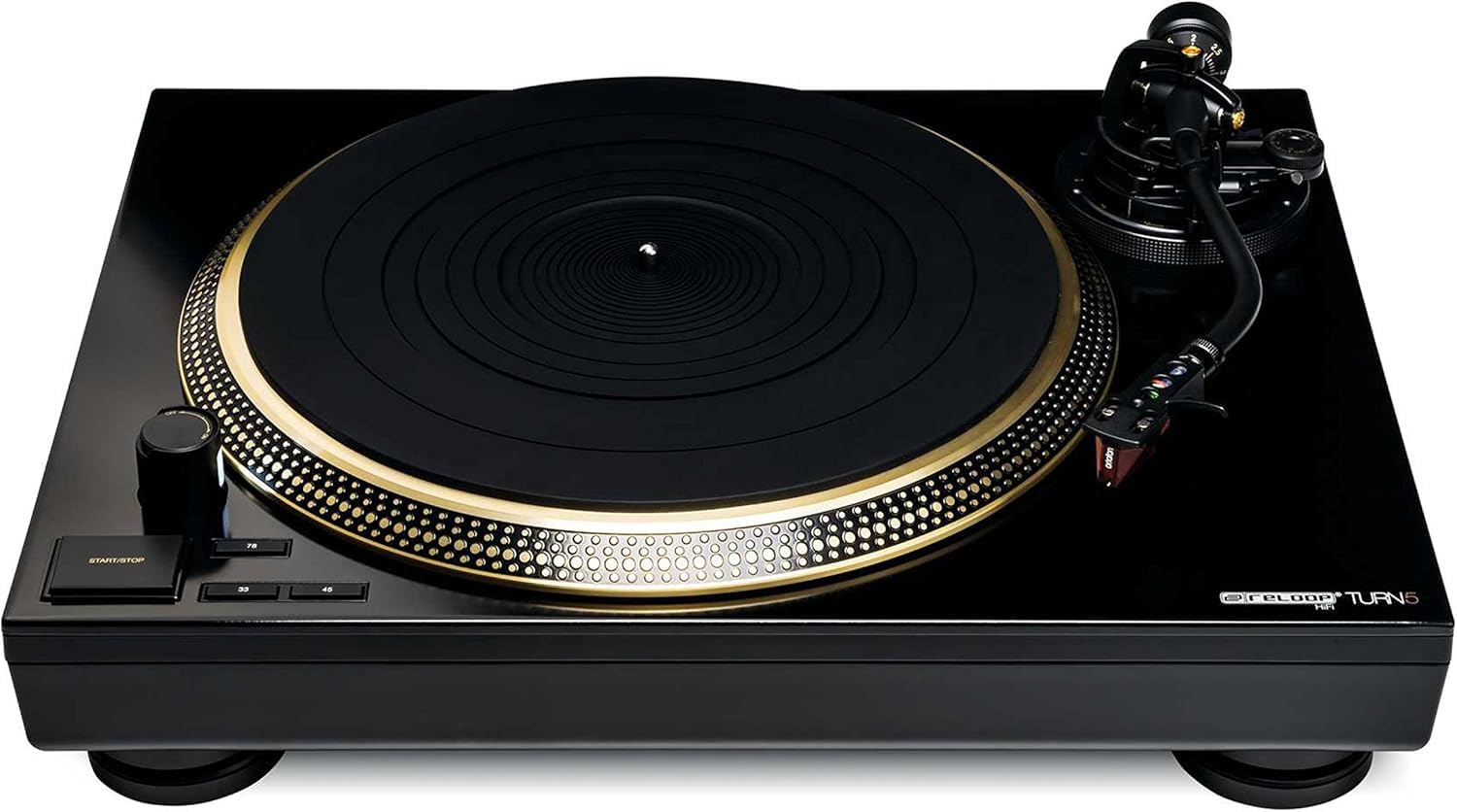 Reloop Turn 5 - Quartz-Gesteuerter HiFi Plattenspieler, Kollektorloser Direktgetriebener DC Motor, Aluminium Plattenteller, S-Förmiger Tonarm, Kabelgebunden, Schwarz-Gold