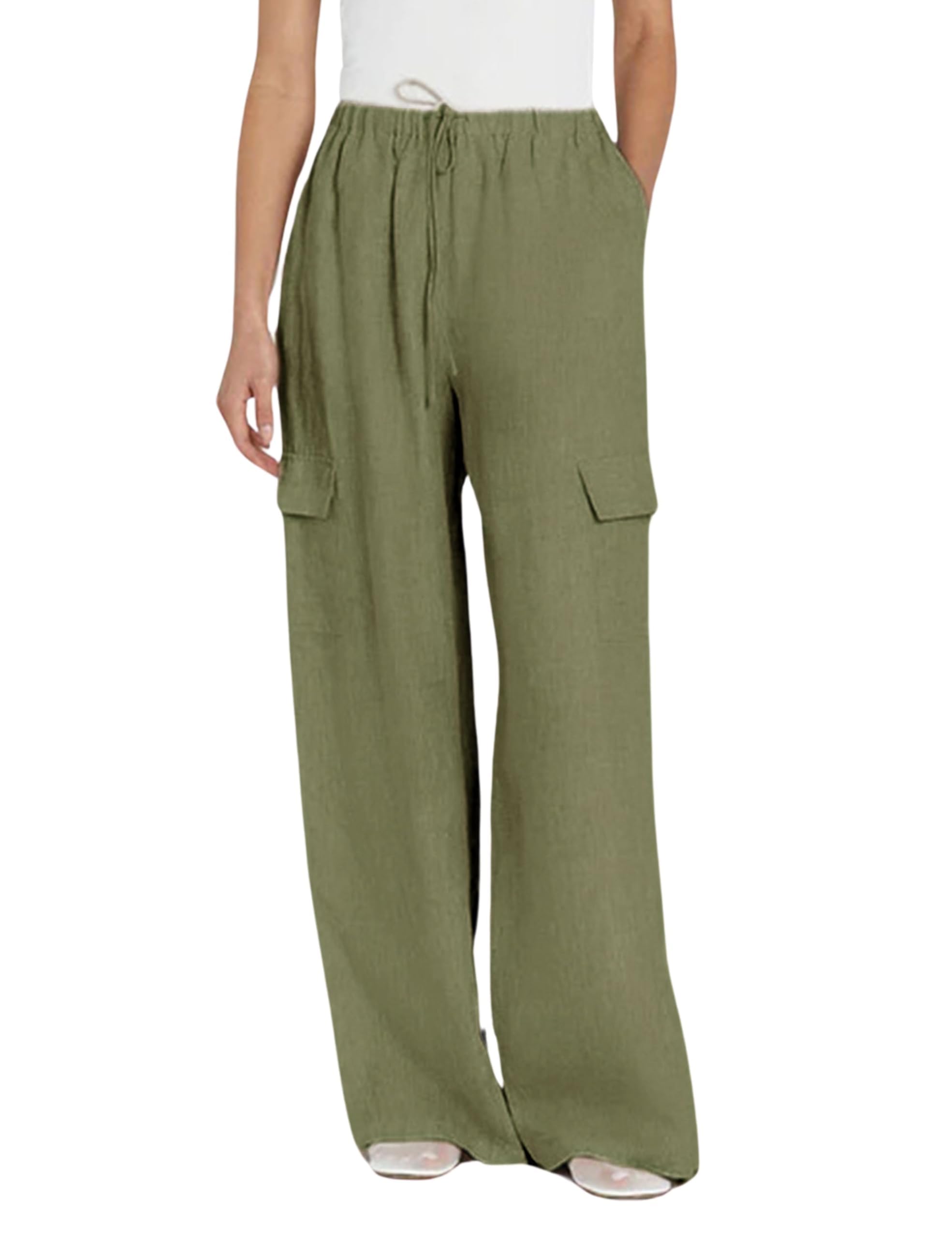 Xiaoxuemeng Womens Cotton Linen Wide Leg Pants Summer Elastic Waisted Beach Pants with Pockets
