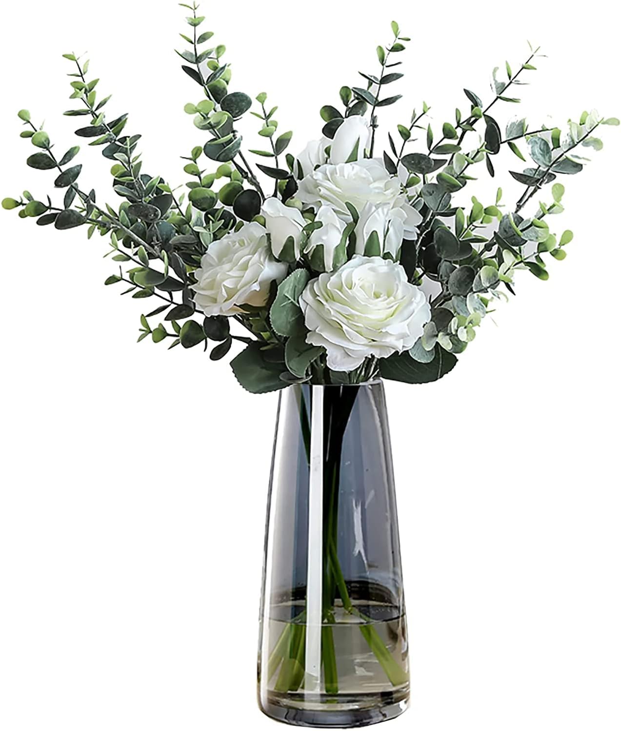 Heifgott Flower Glass Vase for Decor Home Transparent Vase Handmade Modern Large Flower Vases for Centerpieces Living Room Kitchen Office Wedding Party 8.7 Inch (Crystal Grey)
