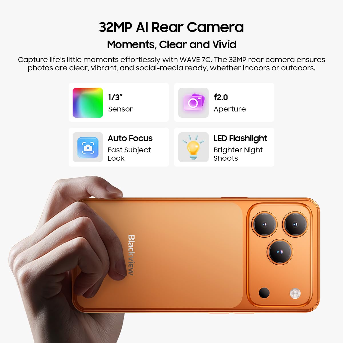 Blackview Wave 7C 4G Smartphone Offerte, Display 6,56'' HD+, 16GB+128GB (Esterna 2TB), Creatore AI Foto & Video, 32MP+13MP, Video 1080P, 3 Slot per Schede, Android 16 Dual SIM Cellulare, GPS Nero