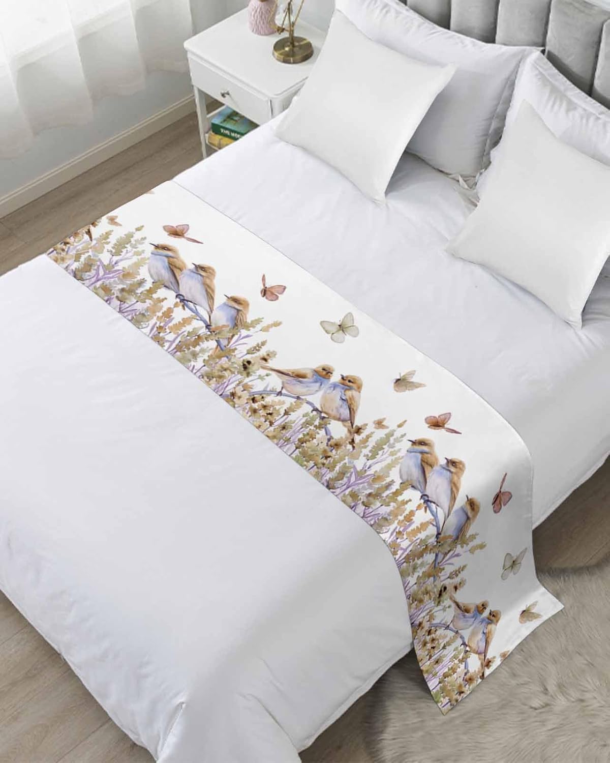 Spring Lavender Bed Runner Scarf Bedding Accessory for Queen Size Bed,Soft Bed Scarves and Runners Stainproof Dustproof Bedroom Decor for Hotel Wedding Room,Flower Plant Botanical Leaf Bird 94"x20"