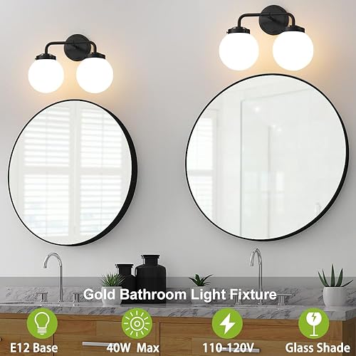 Miniatura 3 de Lámparas de baño negras sobre el espejo, iluminación moderna de tocador con pantallas de globo de vidrio blanco leche, aplique de pared de granja de