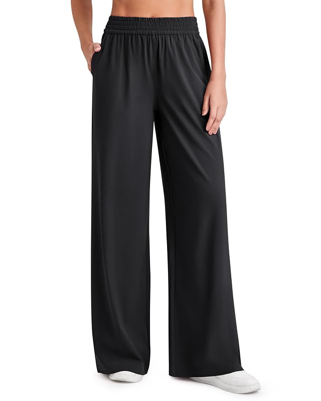 G4Free Wide Leg Pants Women Stretchy Waist Work Pants with Pockets Daily Wear Summer Trousers Black XL 27