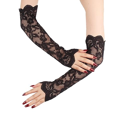 Suxgumoe Ladies Lace Arm Sleeves, 38 CM Long Elegant Tea Party Gloves, Women Elbow Length Long Gloves - Black
