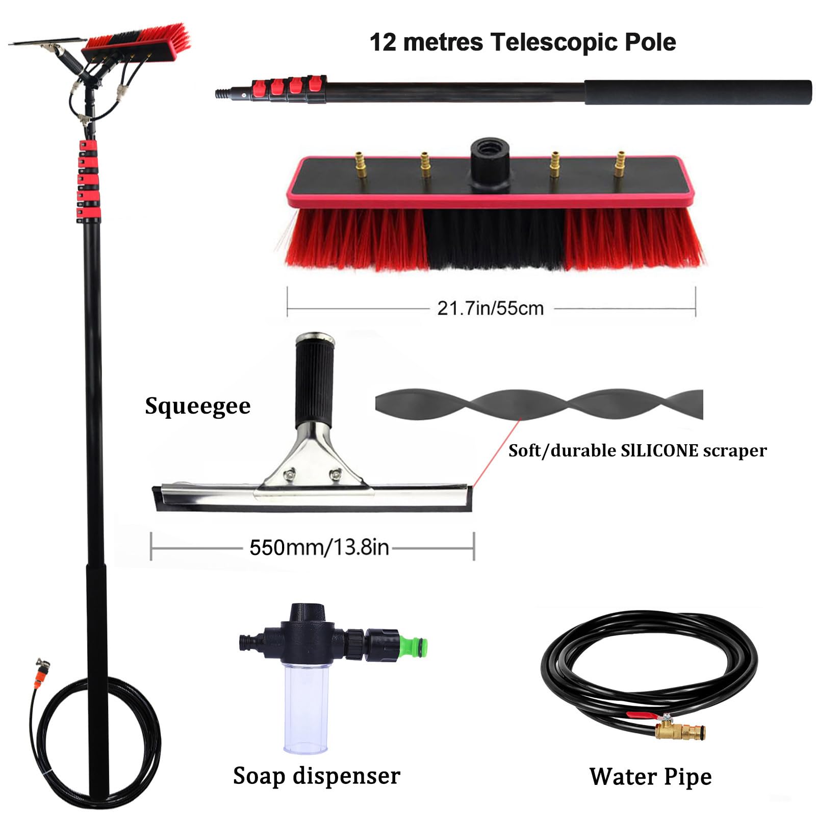 Genérico Cepillo telescópico para Ventanas de 12 m, Extensible con Barra de Agua, escobilla de Goma, ángulo Ajustable y dispensador de jabón. Conector de Manguera común para Paneles solares