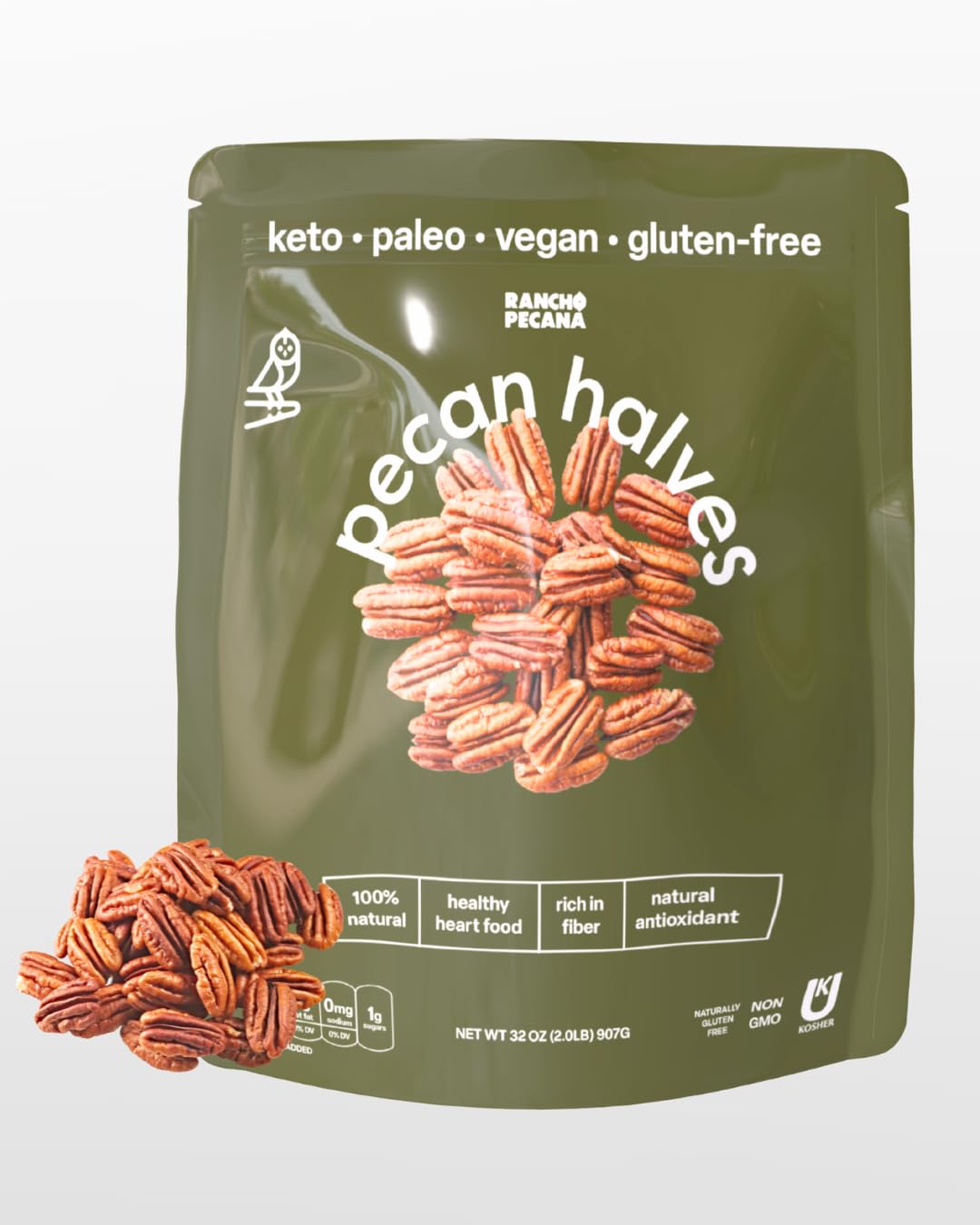 RANCHO PECANA - Natural Pecan Halves, 2 LB, Grain Free, Gluten Free, Non-GMO, Vegan Snack, Organic Nuts, Kosher, Keto, 3g Protein per 1 oz, Resealable Bag
