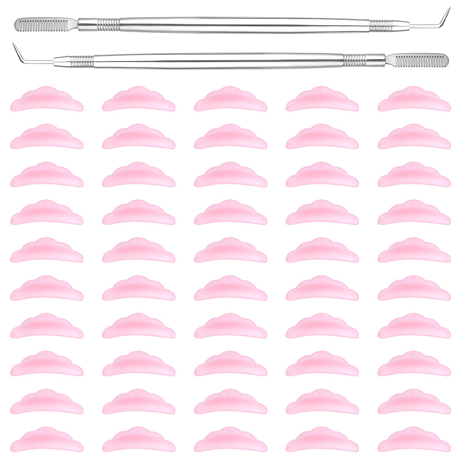 52 Pcs Eyelash Lift Tools Set, 2 Pcs Stainless Steel Lash Separator Lift Rod Tools with Comb with 50 Pcs Silicone Eyelash Pads, Eyelash Perming Curler Kit for Extension Makeup Beauty Tool