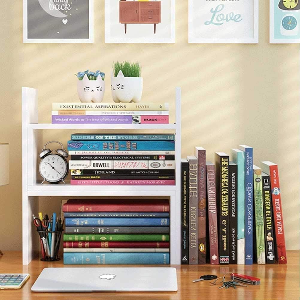 Bibliothèque Extensible en Bois, Organiseur et Étagère de Rangement de Bureau, Fournitures de Bureau, Blanc
