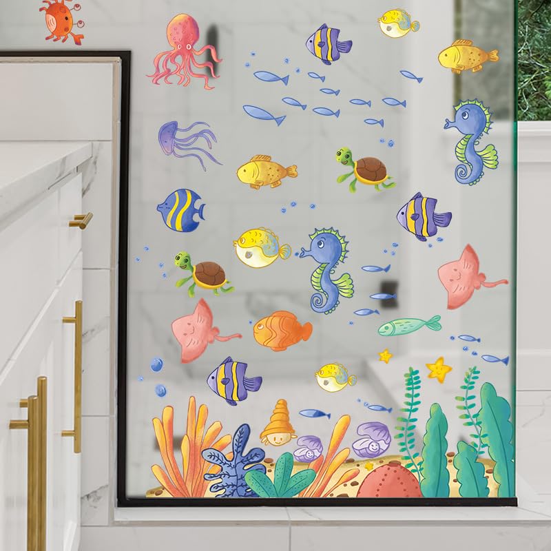 Image of Underwater Adventure Fish Seahorses Turtles Wall Stickers for Kids Baby Room Bedroom Playroom Nursery Bathroom Living Room Decor Wall Art Wall Decoration Boho | Sheet 30x90 cm Peel and Stick