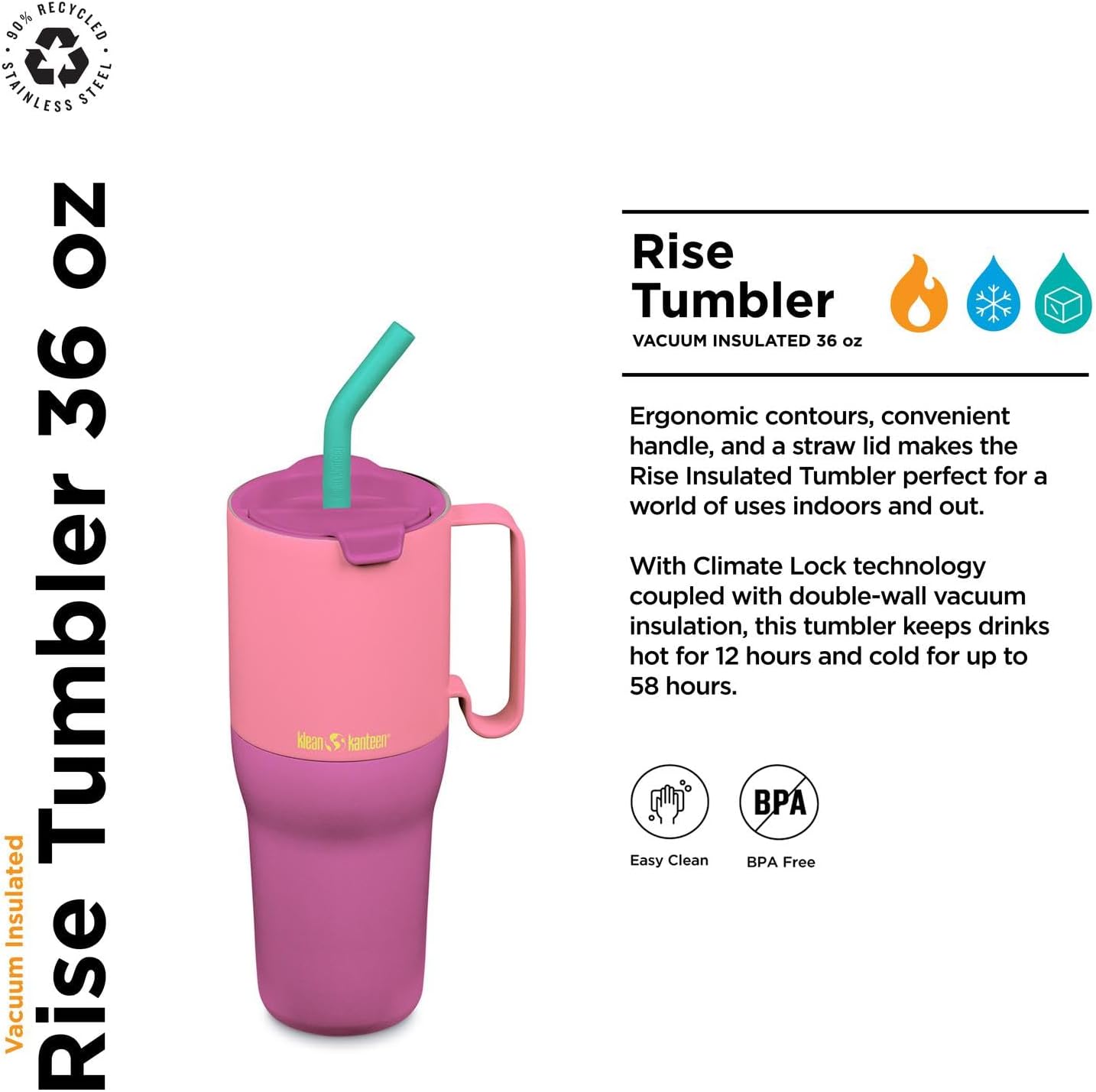 Klean Kanteen Rise Insulated Tumbler - Reusable Tumbler for Quick Hydration - Recycled Stainless Steel - Insulated - Dishwasher-Safe - BPA-Free - Straw Lid - 36 oz - Pink Lemonade Kaleidoscope - Image 2