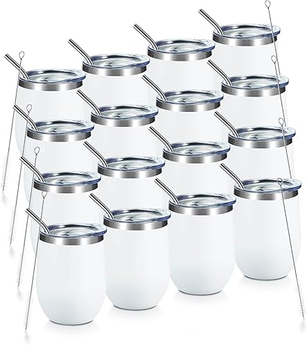 COMOOO Vaso de vino de 12 onzas con tapa y popote, copa de vino de acero inoxidable, copa de vino de doble pared aislada al vacío para vino,