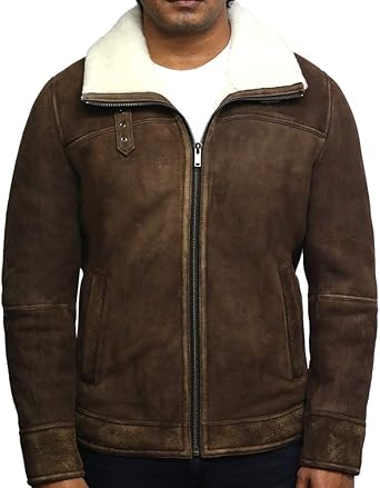 BRANDSLOCK Mens Genuine Shearling Sheepskin Spanish Merino Leather Jacket Vintage