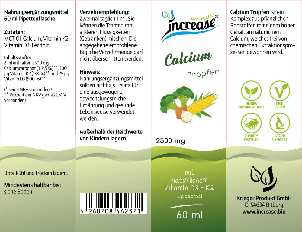 Nimm 3, zahl 2 Aktion Liposomale Calcium Tropfen hochdosiert - (225.000mg in 3 Flaschen) 2500mg Calcium pro Tagesdosis mit Vitamin D3 + K2 - MCT Öl - Hohe Bioverfügbarkeit
