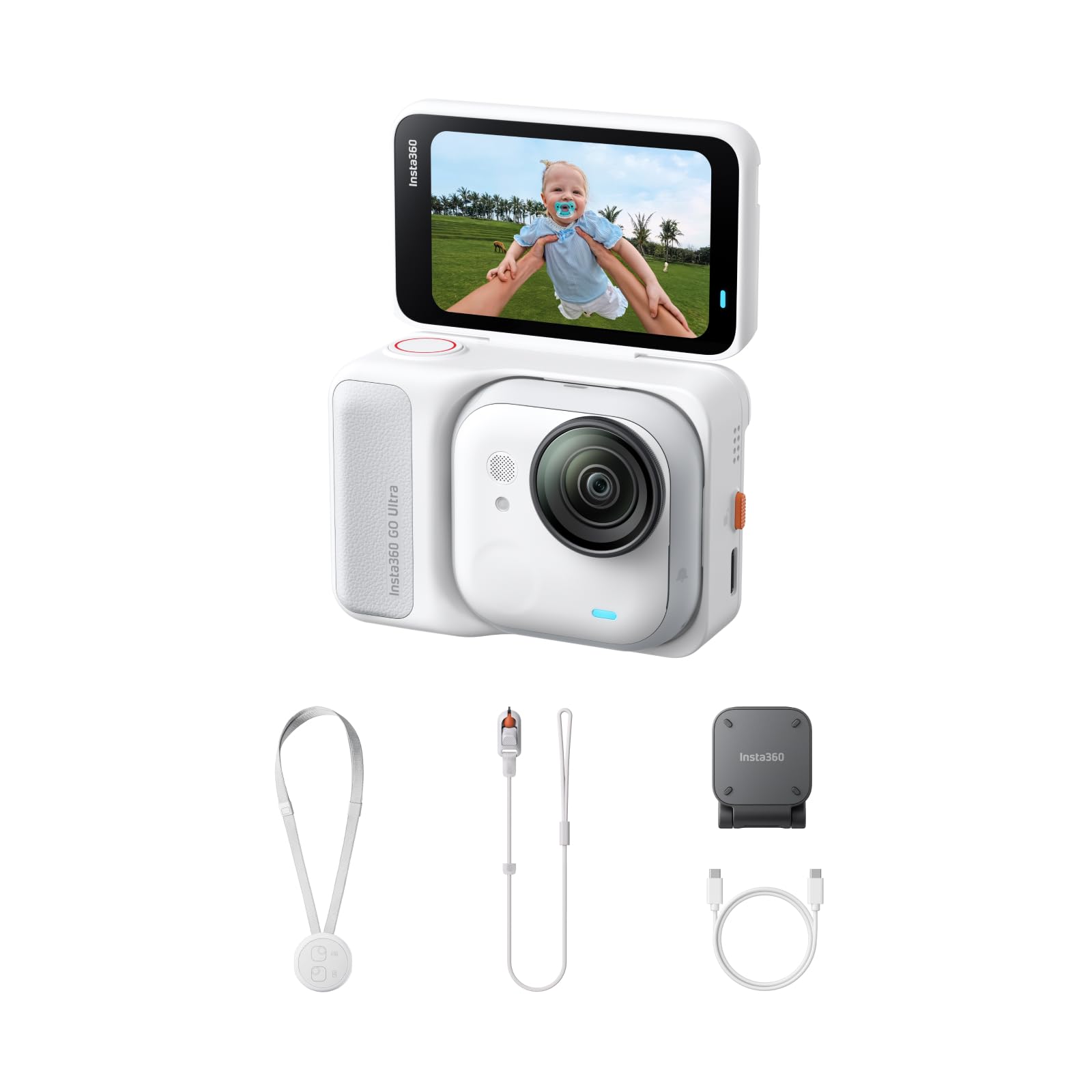 Insta360 GO Ultra Bianco - Mini action cam 4K, vlog camera | Fotocamera POV a mani libere, sensore 1/1,28″, pockect cam 53 g, FOV 156°, autonomia 200 min, ottima per sport, vlog, YouTube