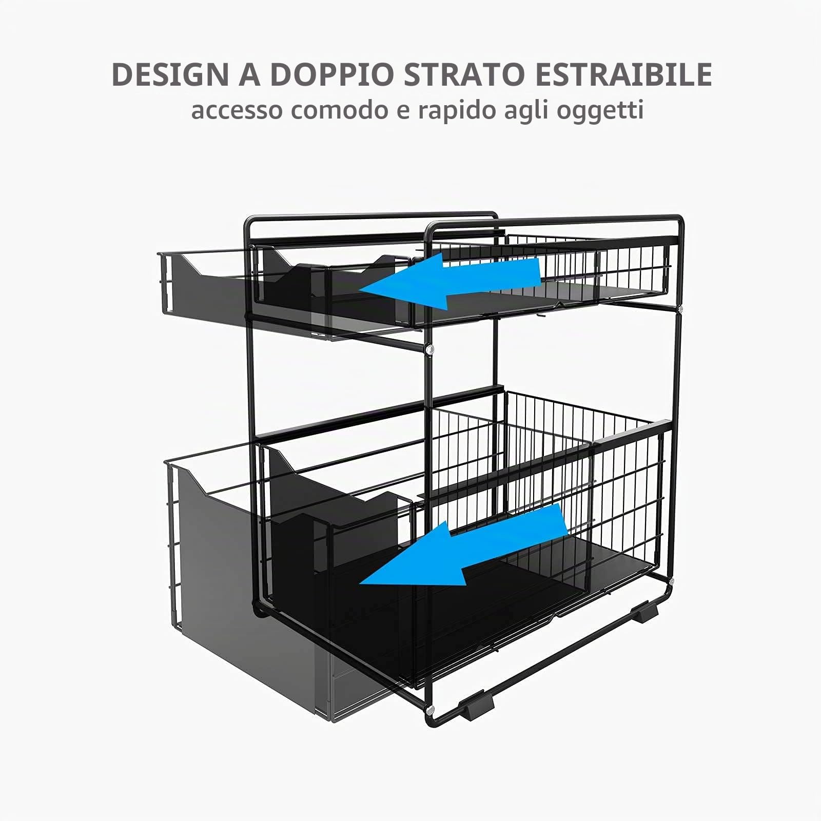 Organizzatore a 2 Ripiani con Cassetto Portaoggetti Sotto il Lavandino Scorrevole Cestino Estraibile Portaspezie Organizer per Snack per Cucina Bagno Camera da Letto-Nero