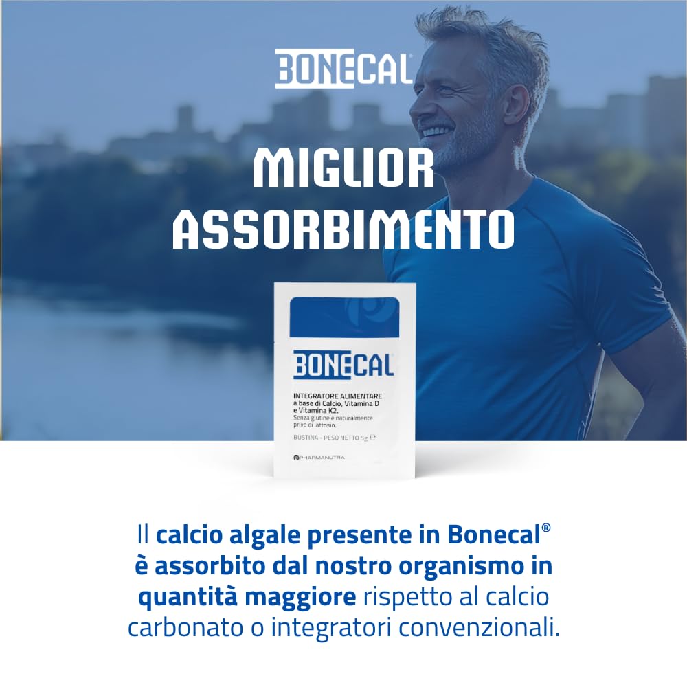 Integratore di Calcio Algale 100% vegetale Aquamin®, Vitam. K2, D3 (1000 UI), Salute delle ossa-denti-muscoli, No glutine, Pharmanutra BONECAL 20BUST OFFERTA TRE CONFEZIONI