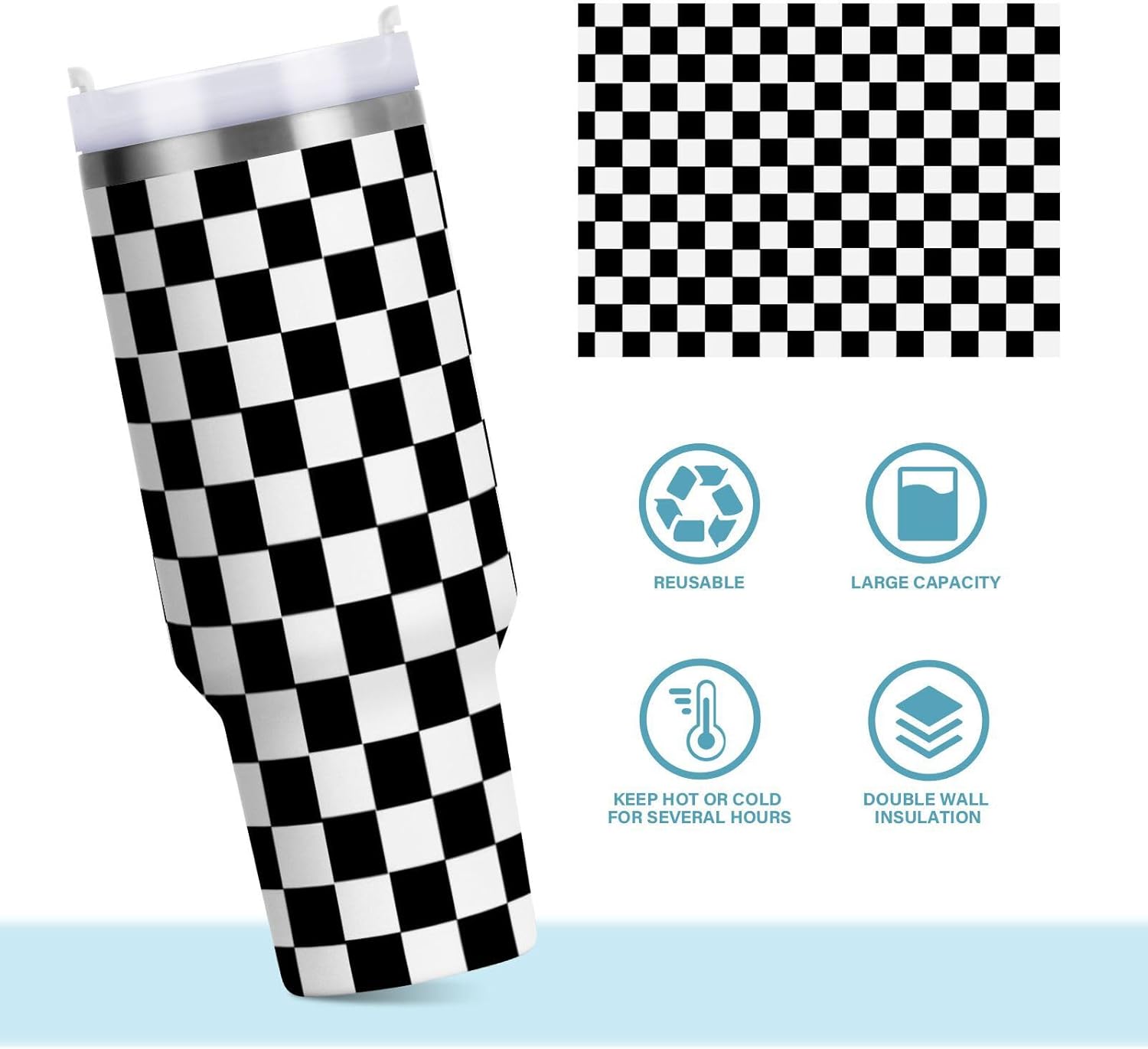 30 oz Tumbler with Handle Lid and Straw Leak Proof Insulated Stainless Steel for Water Coffee or Ice Tea Keep Cold or Hot Checkerboard Checkered Black and White - Image 8