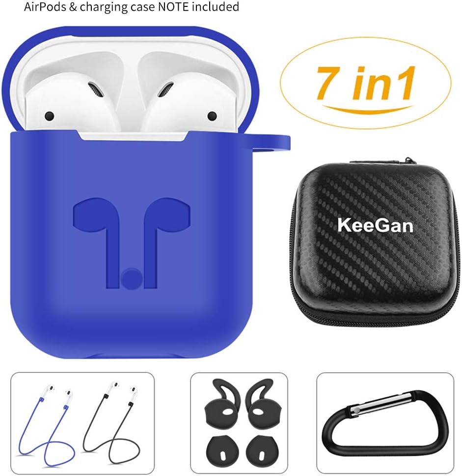 KeeGan AirPods Case Accessories 7 in 1 Kits for AirPods 2 & 1, Protective Silicone Cover with Keychain/Straps/Ear Hooks/Airpods Clips/Skin/Tips/Grips/Storage Box (Blue)