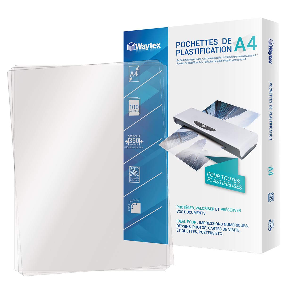 WAYTEX 78278 Pochettes de plastification A4 – Très Epaisses 2x175 (350) microns – pour plastifieuse à chaud - Pack de 100