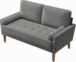 Vesgantti Couch 2 Sitzer, Samt Kleines Sofa mit 2 Wurfkissen, Modern Mini Sofa, Getuftetes Kleine Couch für Wohnzimmer/Schlafzimmer/Büro/Wohnung, 121x 77 x 87cm, Grau