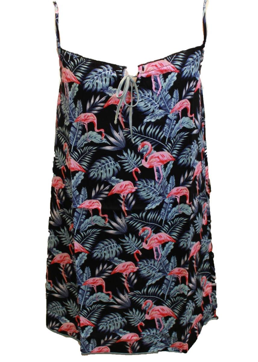 Cottonreal Ladies Strappy Chemise Nightdress Palm Leaf & Pink Flamingo Print Sateen Robe - Santiago-E1