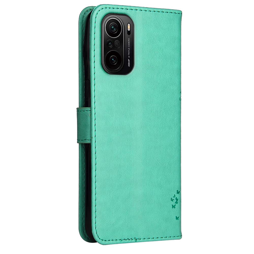 Topme Skórzane etui do Xiaomi Poco F3 / Xiaomi Poco F3 5G / Xiaomi 11i 6.67, [Wzór kota i drzewa] - zielone