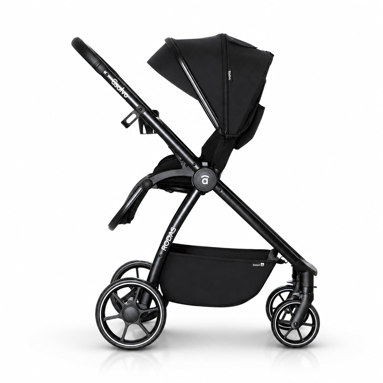 Asalvo DÚO RODAS Silla de Paseo, Carro Plegable Ultraligera y Compacta, Asa Trolley, Equipaje avión, Reclinable, Carro Bebe, Barra Seguridad, Arnés 5 Puntos, hasta 23kg, Negro