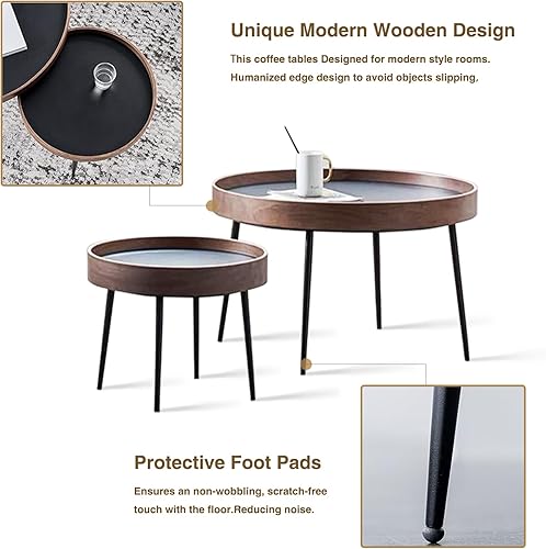 Miniatura 7 de CHIESMA Juego de 2 mesas auxiliares redondas de madera alrededor de patas de metal juegos de mesa auxiliar para sala de estar marrón y negro