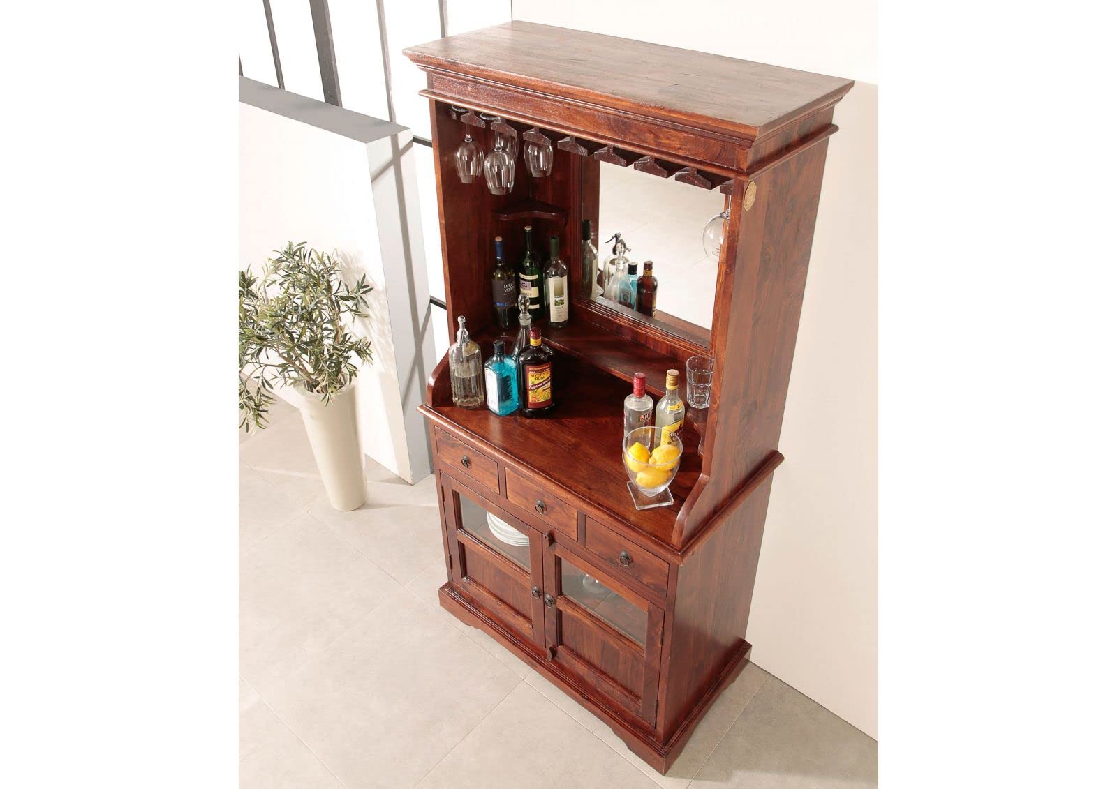 MASSIVMOEBEL24.DE OXFORD #443 Mobile Bar in legno di acacia - laccato/nougat 97x52x193
