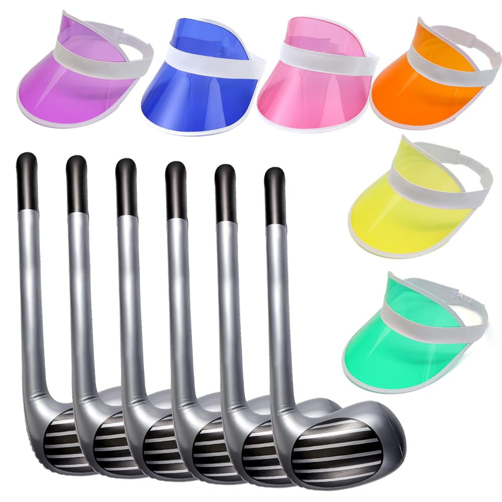Dhqkqg 12 Pcs Golf Accessories Include 6 Pcs Golf Inflatable Club and 6 Pcs Assorted Colors Sun Visors Hats, GolfSet Fancy Dress Costume Accessories for Sport Lovers Men Women Sporting Cosplay Party