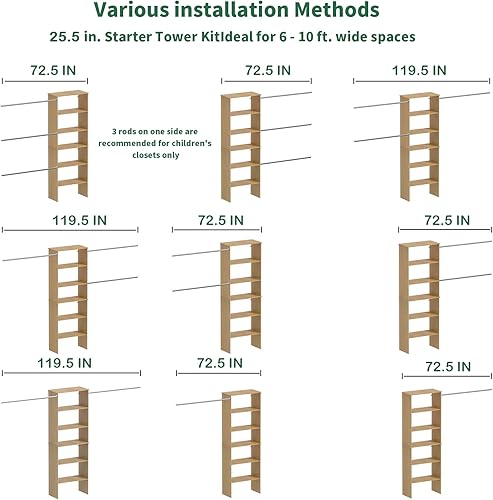 Miniatura 6 de ROOMTEC Sistema de armario, 25.5 pulgadas de ancho, kit organizador de armario montado en la pared con torre de almacenamiento de madera y 3
